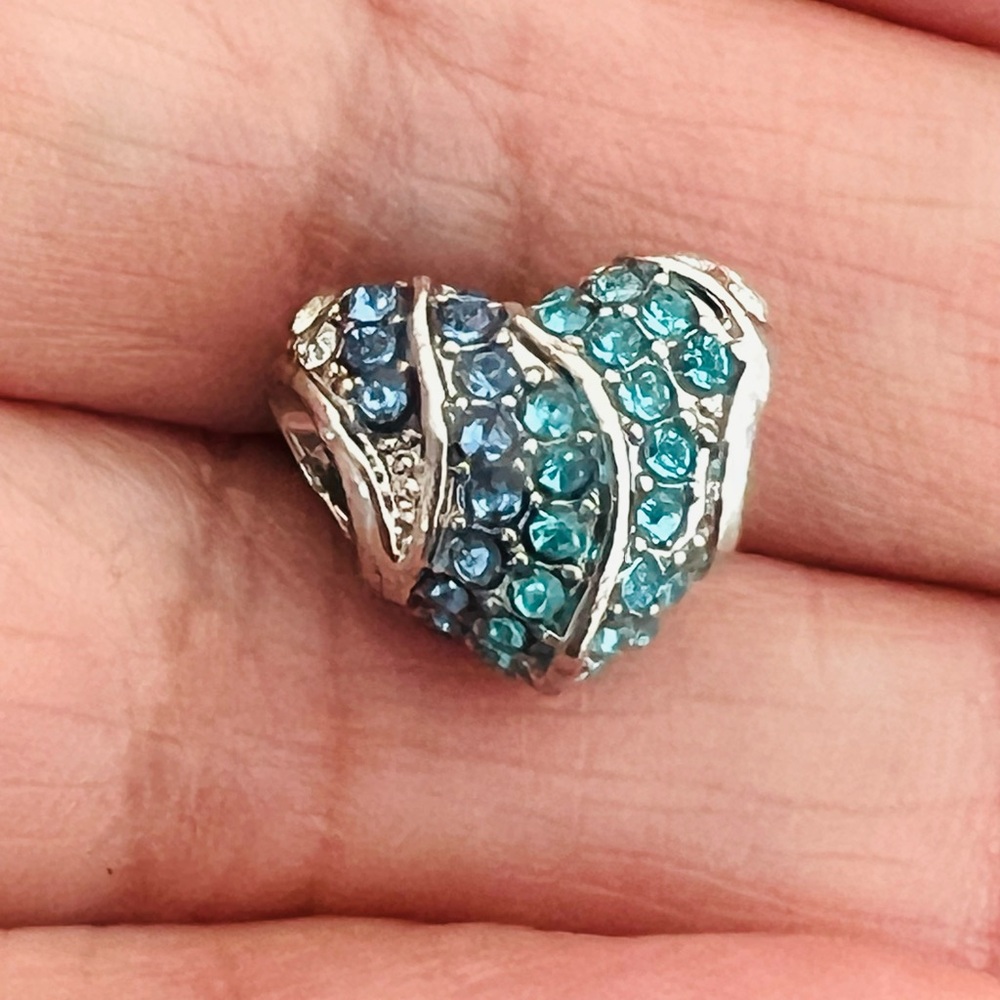 Silver plated blue & clear crystal HEART shaped Bracelet charm